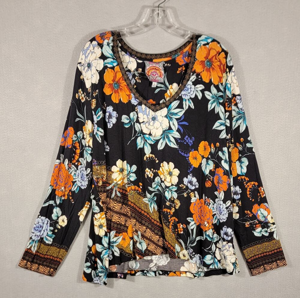 Johnny Was XXL Floral Bamboo Viscose V-Neck Long Sleeve Top